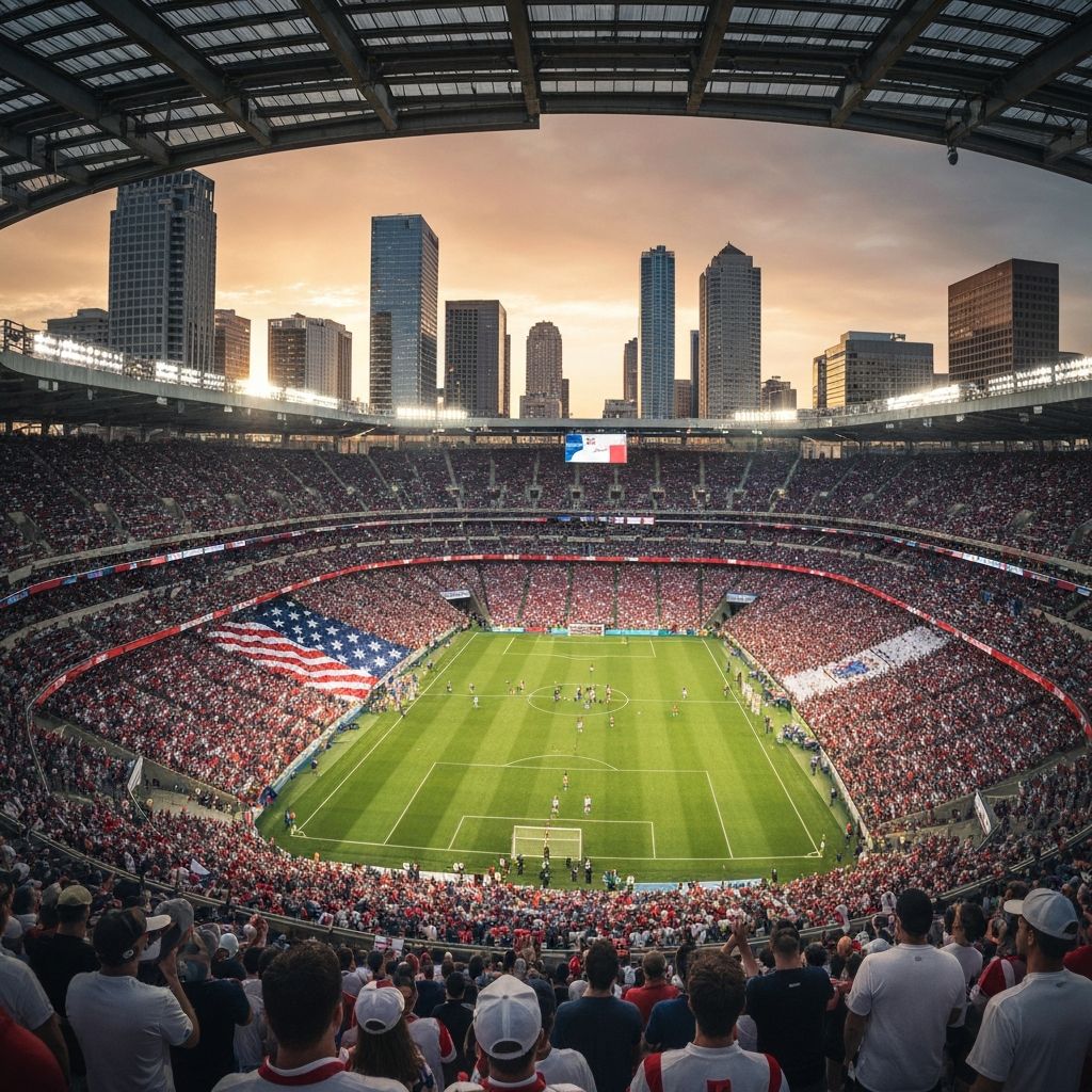 Footlo AI - USA vs England packed stadium with city skyline